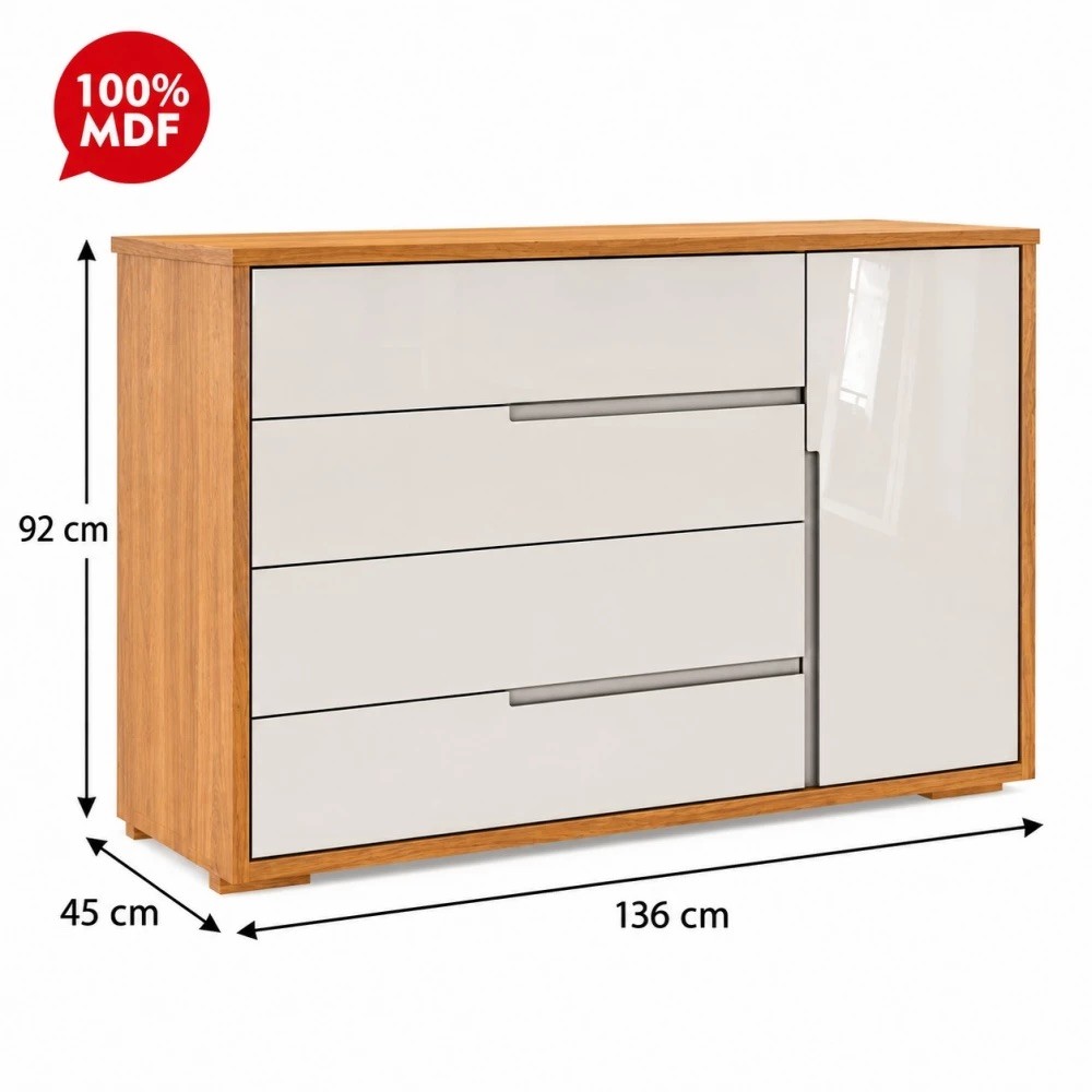 Cômoda Sapateira 100% MDF Robel Concept 4 Gavetas 1 Porta 136cm - Freijo/Off White Cômoda Sapateira 100% MDF Robel Concept 4 Gavetas 1 Porta 136cm - Freijo/Off White