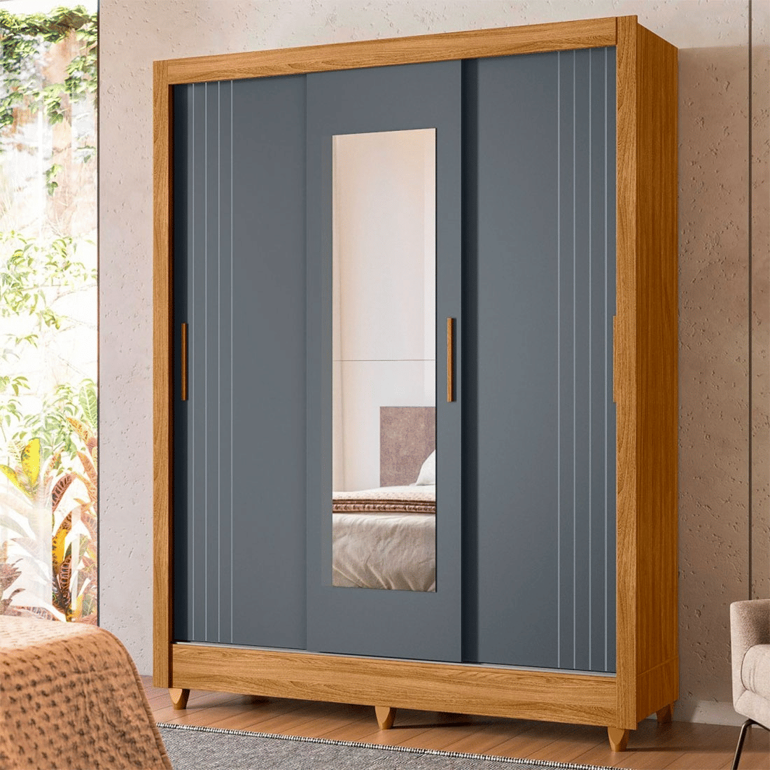 Guarda-Roupa com Espelho 3 Portas de Correr Bolívia Freijó/Cinza Frisado - Moval Guarda-Roupa com Espelho 3 Portas de Correr Bolívia Freijó/Cinza Frisado - Moval