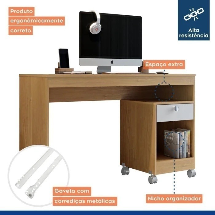 Escrivaninha Mesa de Computador 1 Gaveta com Rodízios Giga Cinamomo/Off White - Valdemoveis Escrivaninha Mesa de Computador 1 Gaveta com Rodízios Giga Cinamomo/Off White - Valdemoveis