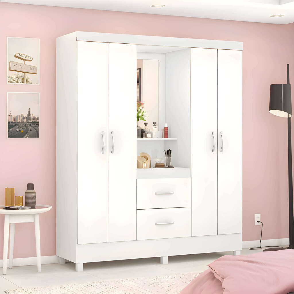 Guarda-Roupa Solteiro Com Espelho Capelinha Lord Branco/Rosa Flex  - Demobile Guarda-Roupa Solteiro Com Espelho Capelinha Lord Branco/Rosa Flex  - Demobile