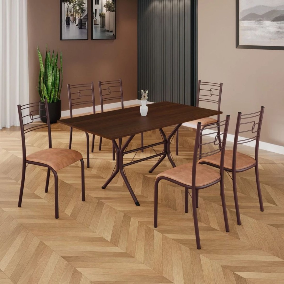Conjunto Mesa 6 Cadeiras Teixeira Paraty Retangular 140cm Jambo - Marrom Conjunto Mesa 6 Cadeiras Teixeira Paraty Retangular 140cm Jambo - Marrom