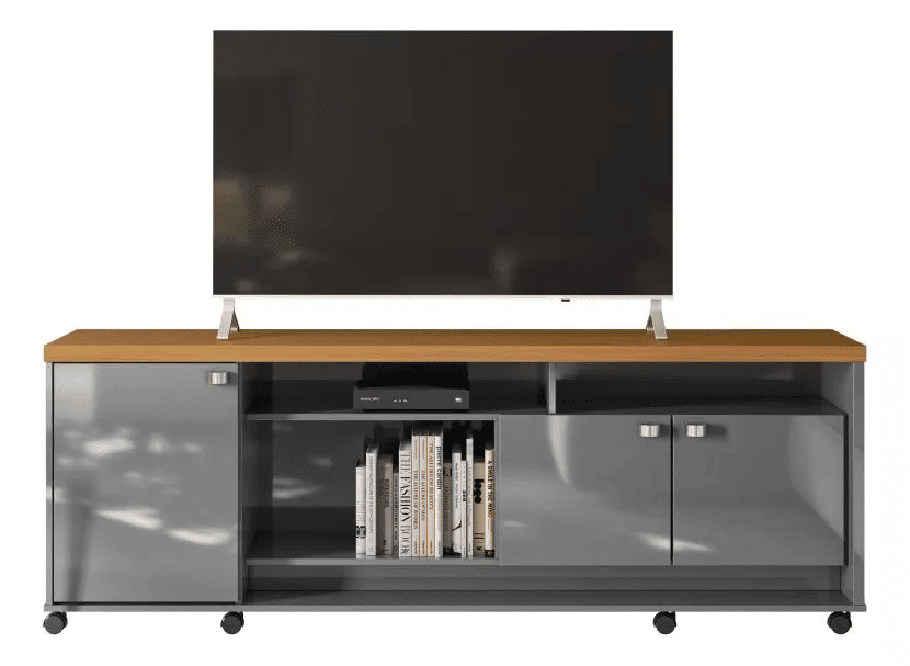 Bancada Rack para Sala Dallas Cinza Perolizado/Tauari 3 Portas e Rodízios - Lukaliam Bancada Rack para Sala Dallas Cinza Perolizado/Tauari 3 Portas e Rodízios - Lukaliam