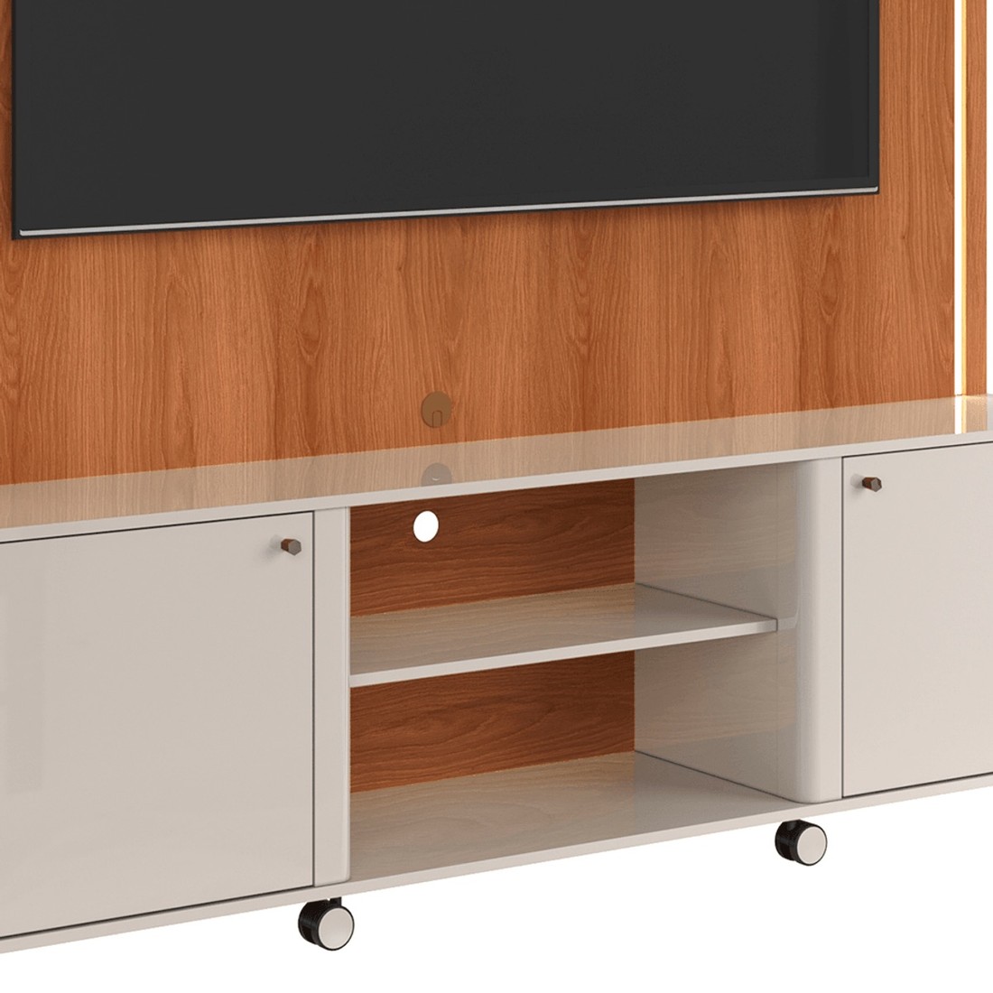 Estante Home Para TV 75 Polegadas com LED e Rodízios Lukaliam Florença Off White/Jequitibá