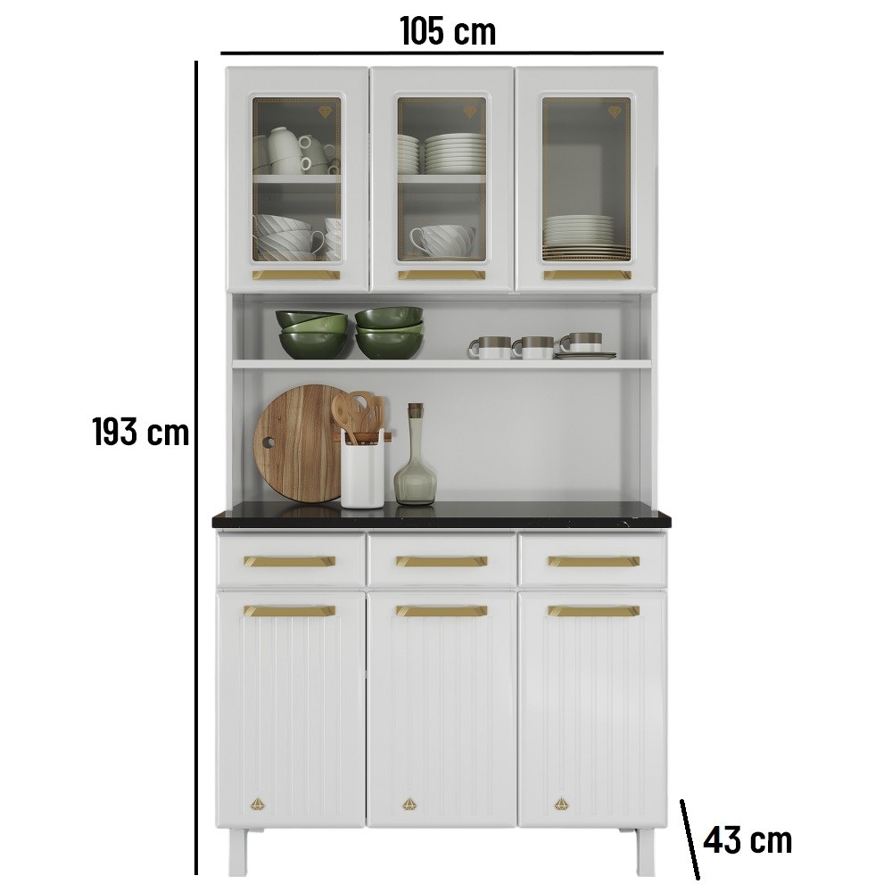 Kit Cozinha Telasul Diamante New 3 Gavetas 3 Portas com Vidro Branco 818210-01 Kit Cozinha Telasul Diamante New 3 Gavetas 3 Portas com Vidro Branco 818210-01