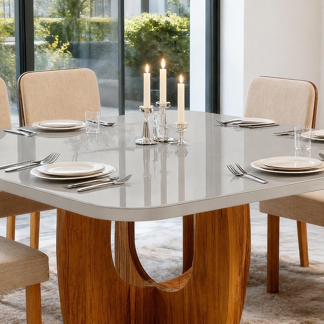 Mesa de Jantar Grécia com 8 Cadeiras Versati Tampo 135x135cm Bom Pastor - Vidro