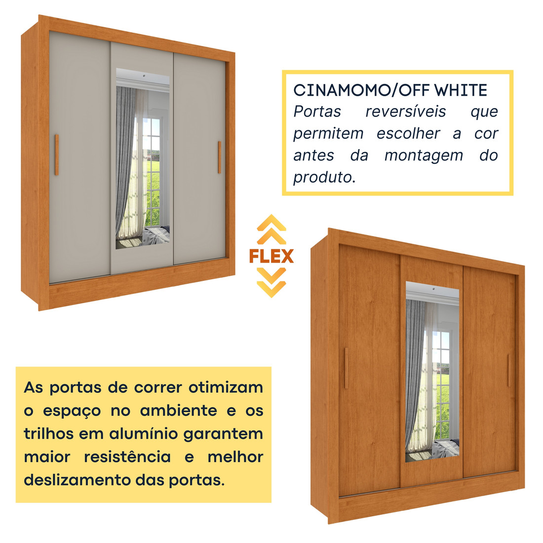 Guarda‑roupa Valencia 3 Portas de Correr com 4 Gavetas – Tcil Móveis – Cinamomo/Off White Guarda‑roupa Valencia 3 Portas de Correr com 4 Gavetas – Tcil Móveis – Cinamomo/Off White