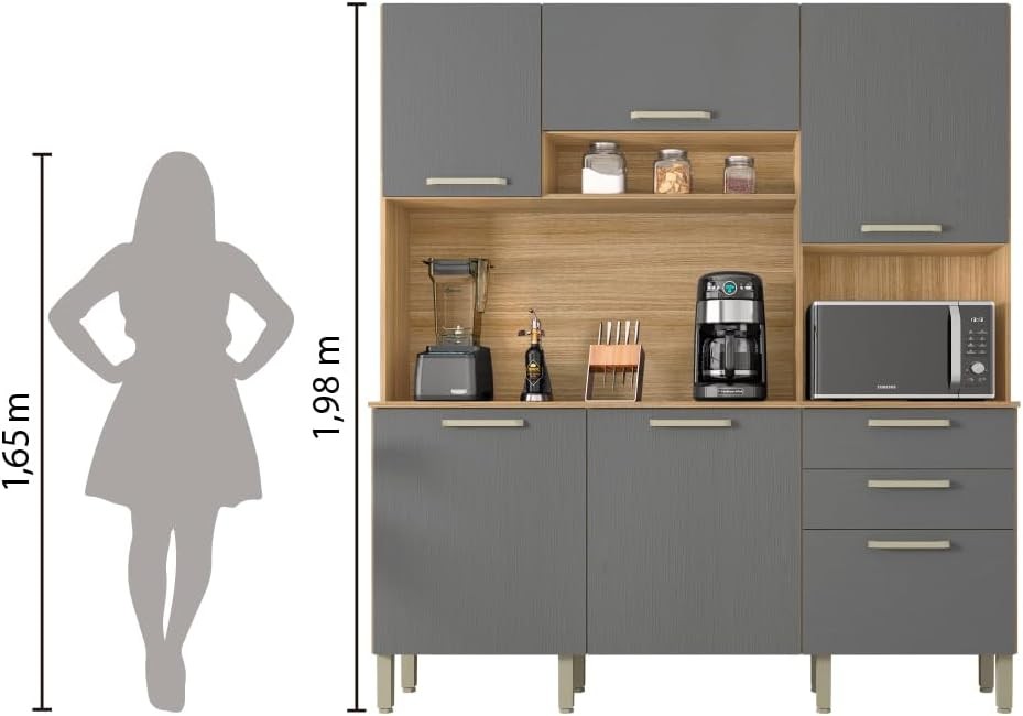 Armário de Cozinha Kit 6 Portas 2 Gavetas Ferrara Kits Paraná Freijo/Gris