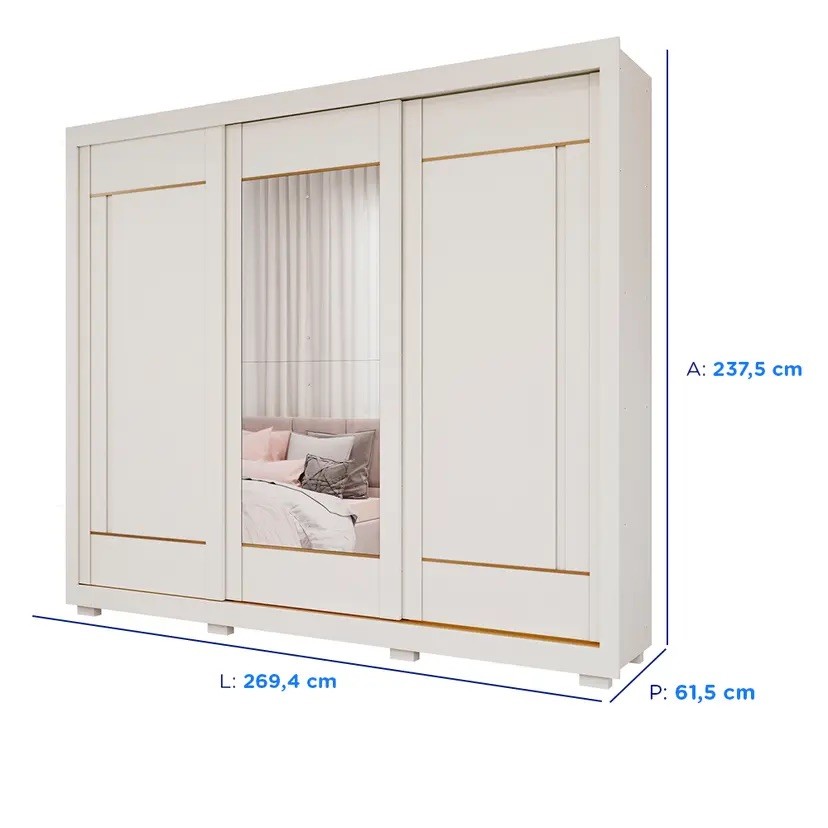 Guarda-roupa 100% MDF 3 Portas 6 Gavetas Panan Valentina com Espelho - Off White
