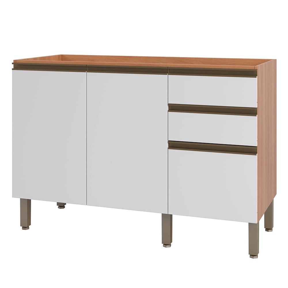 Balcão de Cozinha para Pia 120 cm 2 Portas 3 Gavetas Freijó/Branco Macadâmia - Telasul