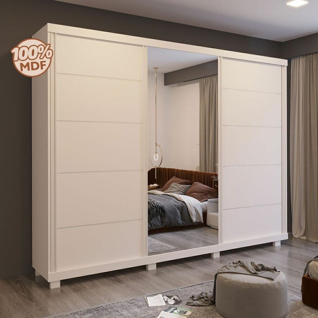 Guarda-Roupa Casal 3 Portas de correr Anna Euro 100% MDF com Espelho Branco - Bom Pastor