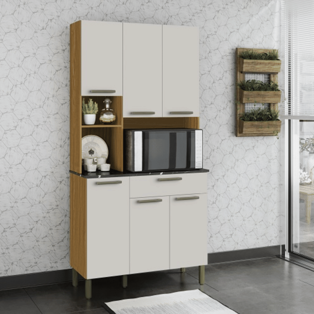 Armário de Cozinha Kit 6 Portas 1 Gaveta em MDF  Ronipa Tannat Amendoa/Off White Armário de Cozinha Kit 6 Portas 1 Gaveta em MDF  Ronipa Tannat Amendoa/Off White
