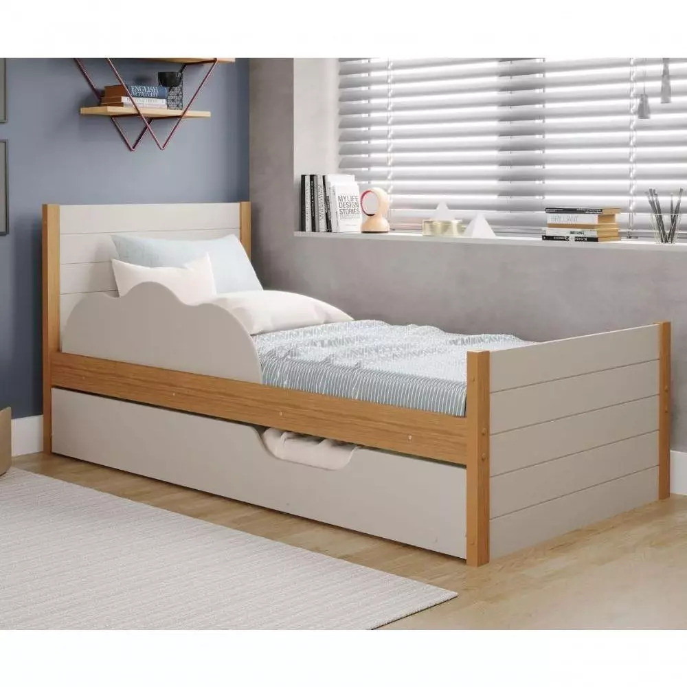 Cama Bibox Solteiro em MDF com Protetor Lateral Elza Cimol Nature/Off White Cama Bibox Solteiro em MDF com Protetor Lateral Elza Cimol Nature/Off White