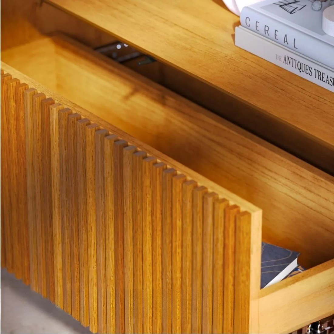 Rack Dune 3G 2.6m Ripado Imcal Nature 3 Gavetas Fecho Toque Madeira Maciça TV até 70" Corrediças Telescópicas