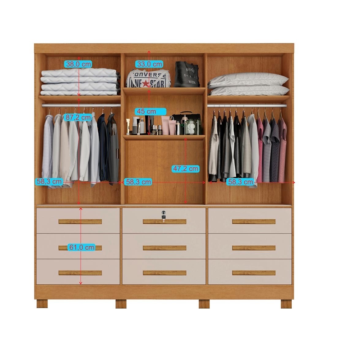 Guarda-Roupa Casal 100% MDF Athenas com Espelho 3 Portas 9 Gavetas Nature/Off White - Bianchi