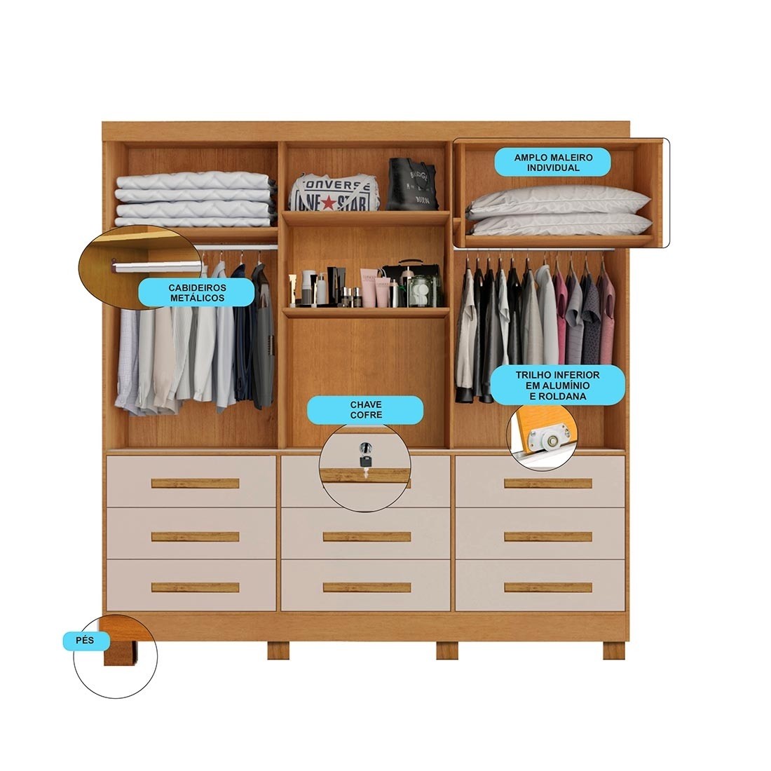 Guarda-Roupa Casal 100% MDF Athenas com Espelho 3 Portas 9 Gavetas Nature/Off White - Bianchi