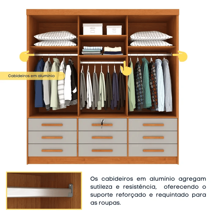 Guarda-Roupa Casal 3 Portas 9 Gavetas Tcil Móveis Chicago Cinamomo/Off White Guarda-Roupa Casal 3 Portas 9 Gavetas Tcil Móveis Chicago Cinamomo/Off White
