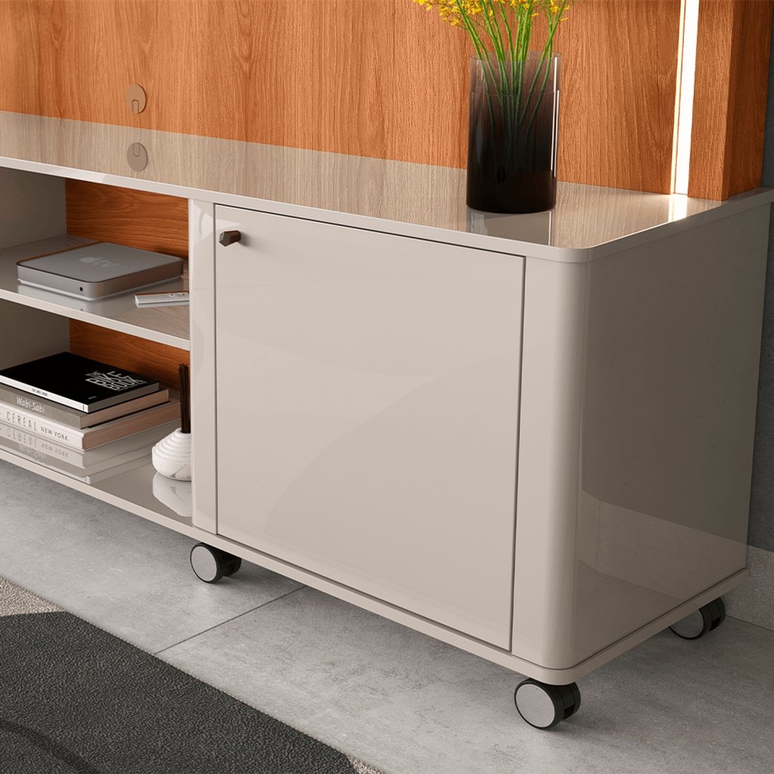 Estante Home Para TV 75 Polegadas com LED e Rodízios Lukaliam Florença Off White/Jequitibá