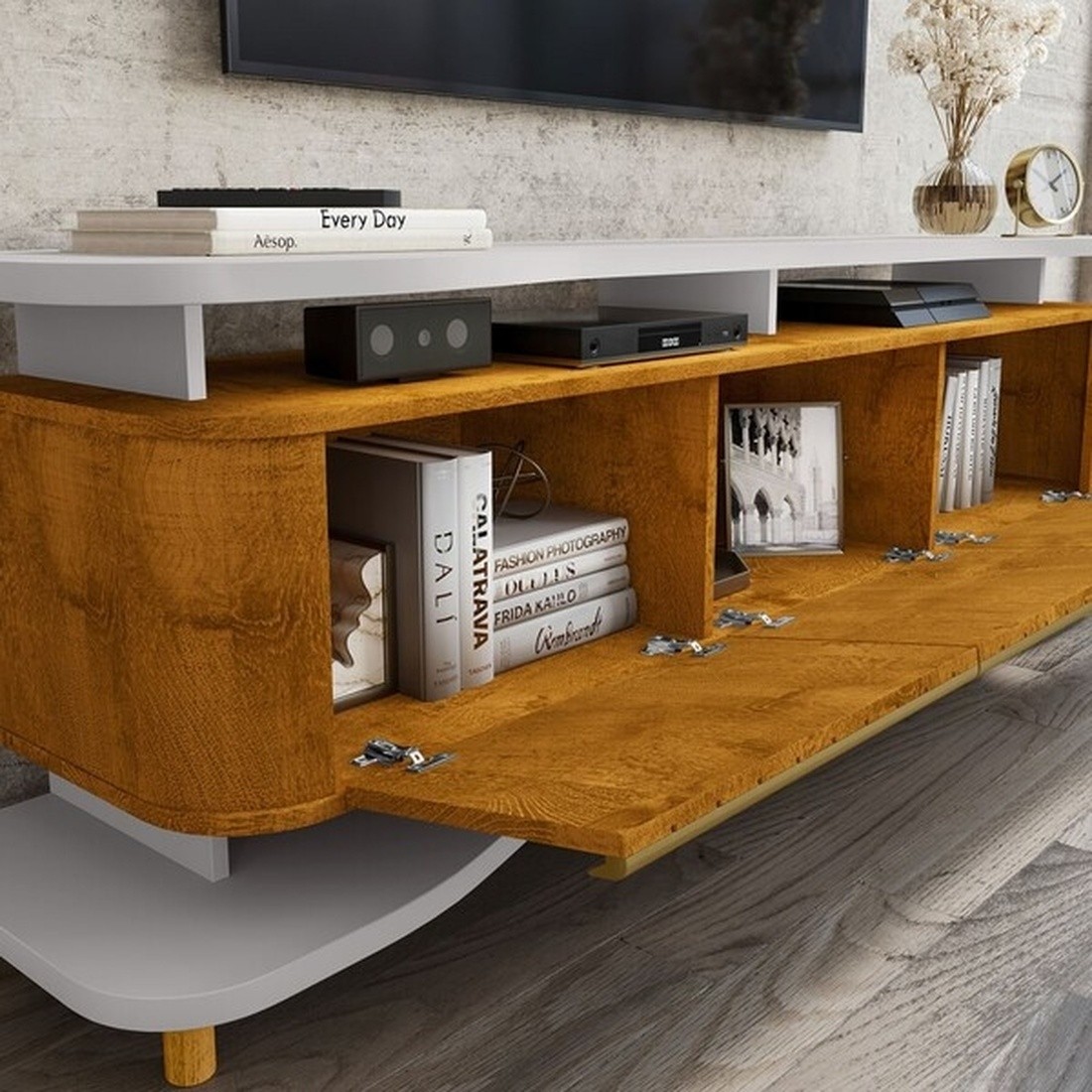 Rack para TV até 75 Polegadas Guarapari 3 Portas Off White/Naturalle Fresado - Móveis Bechara Rack para TV até 75 Polegadas Guarapari 3 Portas Off White/Naturalle Fresado - Móveis Bechara