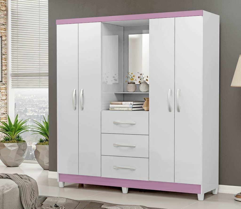 Guarda-Roupa Solteiro 4 Portas Capelinha com Espelho Ilhéus MX Móveis Branco com Pink Guarda-Roupa Solteiro 4 Portas Capelinha com Espelho Ilhéus MX Móveis Branco com Pink
