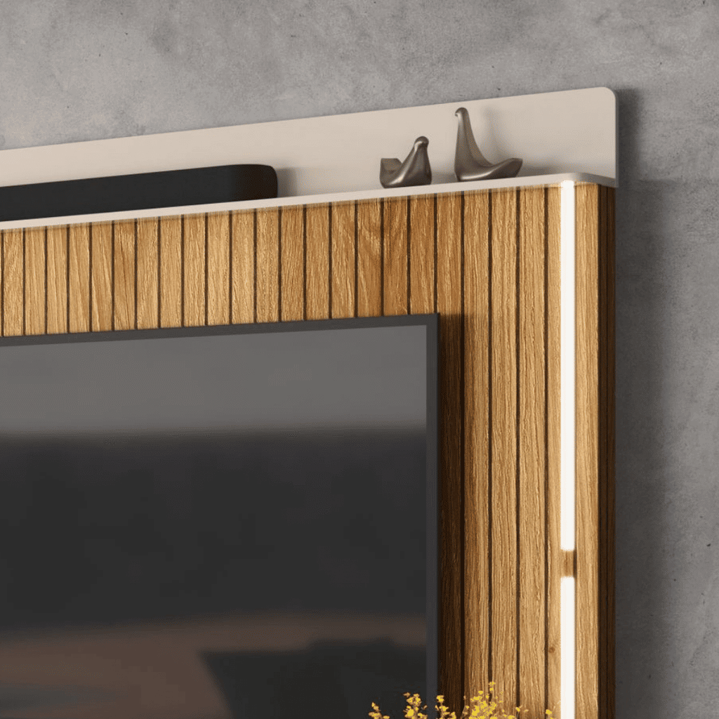 Estante Home Para TV 75 Polegadas com LED e Rodízios Lukaliam Florença Off White/Freijó Impressão 3D Estante Home Para TV 75 Polegadas com LED e Rodízios Lukaliam Florença Off White/Freijó Impressão 3D