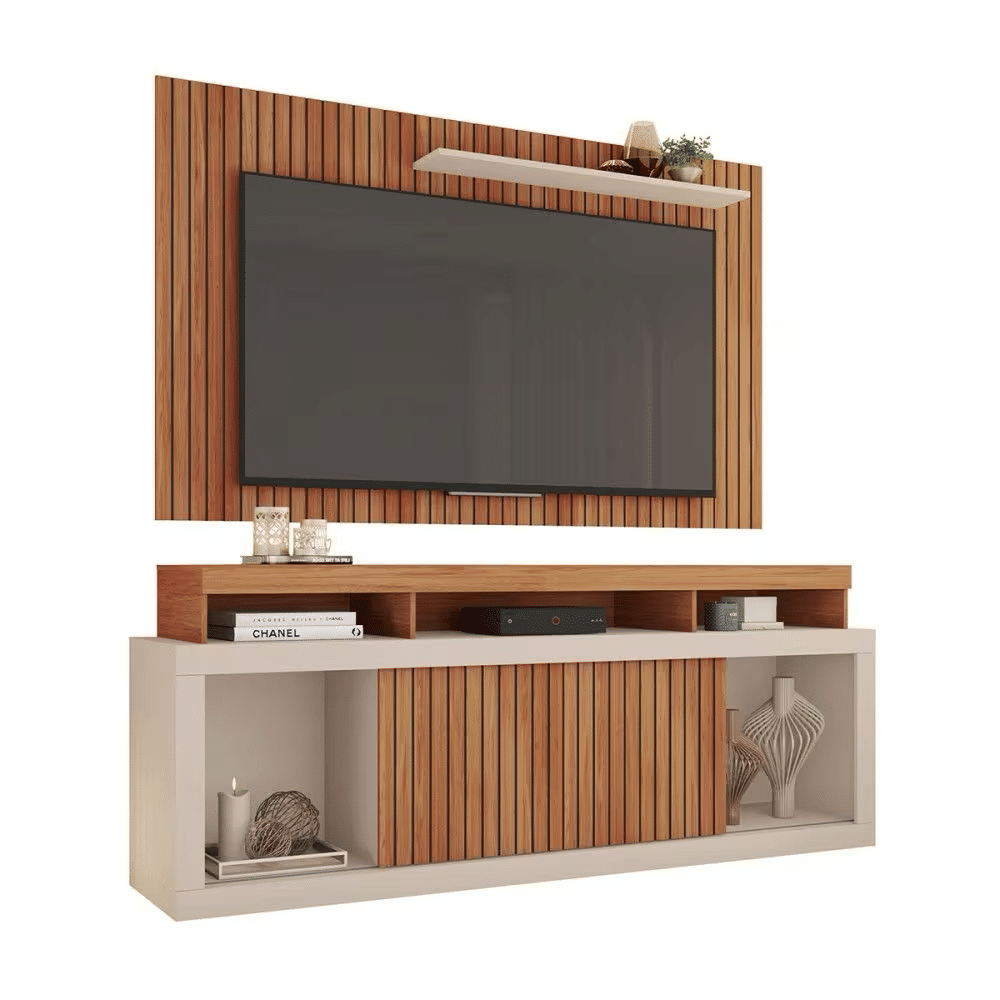 Rack com Painel para TV Até 65 Polegadas New Oscar 2 Portas Frisado Freijo/Off White - Caemmun