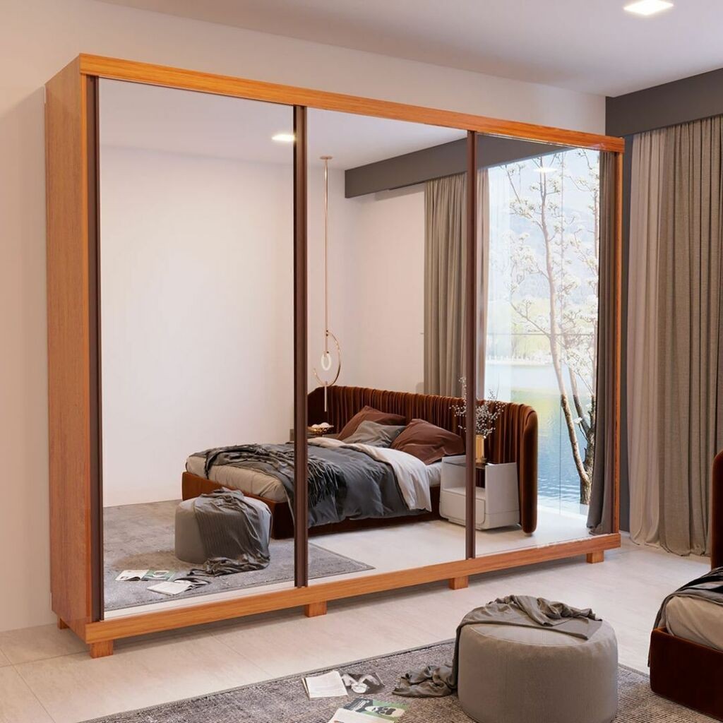 Guarda Roupa Casal Com Espelho 3 Portas de Correr em MDF Raissa Naturall - Bom Pastor  Guarda Roupa Casal Com Espelho 3 Portas de Correr em MDF Raissa Naturall - Bom Pastor