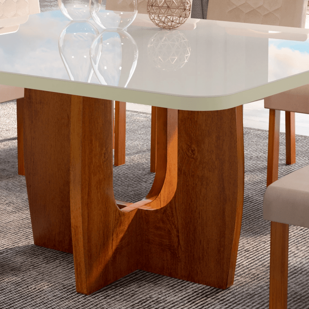 Conjunto Mesa Luxury 135x135 Tampo de Vidro com 08 cadeiras Stela Naturalle 3001 - Bom Pastor  Conjunto Mesa Luxury 135x135 Tampo de Vidro com 08 cadeiras Stela Naturalle 3001 - Bom Pastor