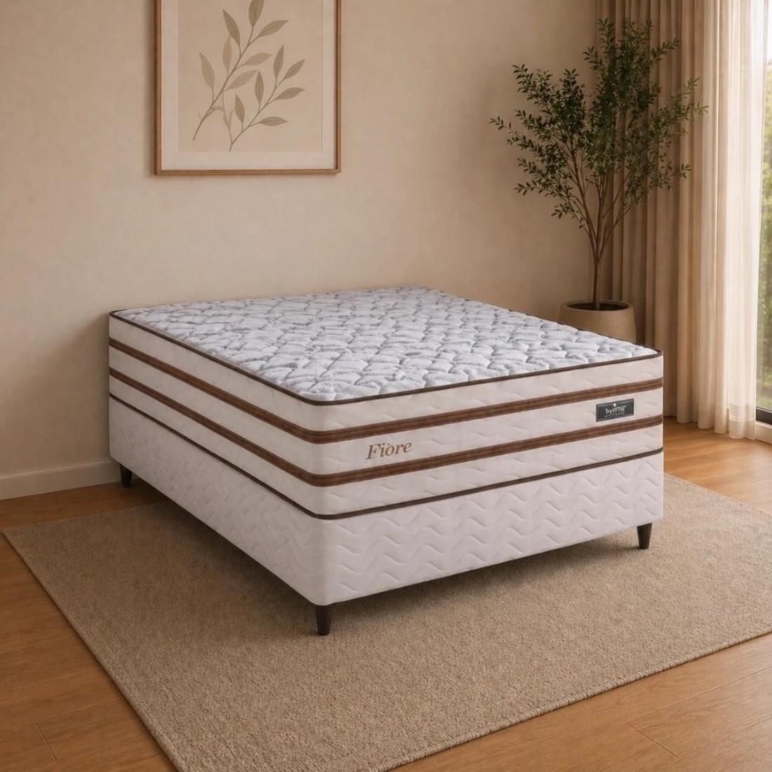 Cama Box Casal Molas Ensacadas 138x188x76 Design Fiore - Bege