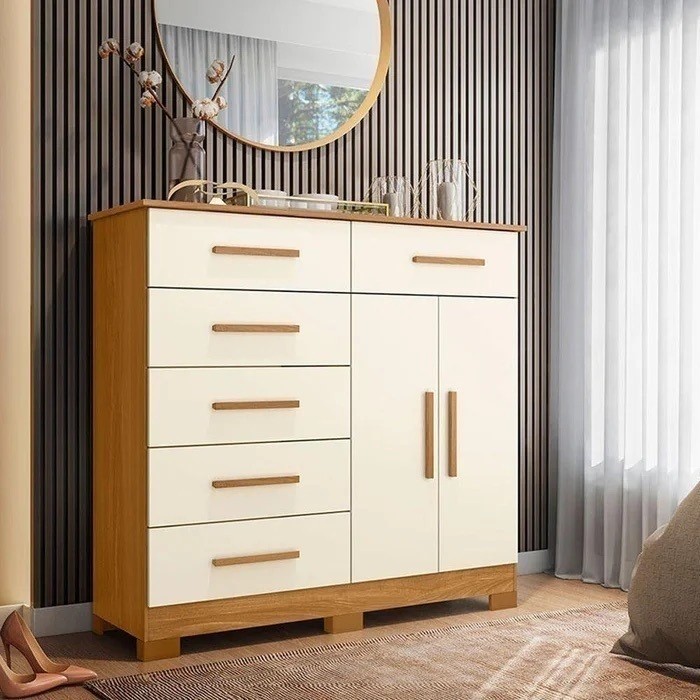 Cômoda 6 Gavetas 2 Portas New Xangai Carvalho Grife/Off White - Albatroz Cômoda 6 Gavetas 2 Portas New Xangai Carvalho Grife/Off White - Albatroz