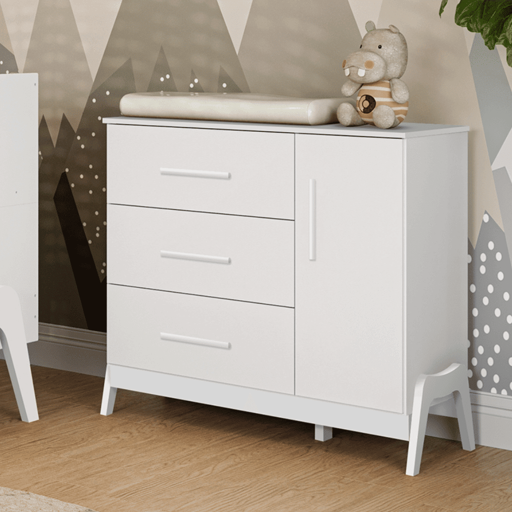 Cômoda Guti 100% MDF, 1 Porta, 3 Gavetas Branco - Peroba Cômoda Guti 100% MDF, 1 Porta, 3 Gavetas Branco - Peroba