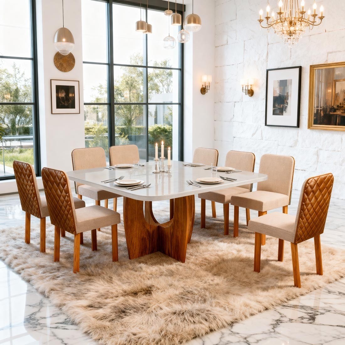 Mesa de Jantar Grécia com 8 Cadeiras Versati Tampo 135x135cm Bom Pastor - Vidro