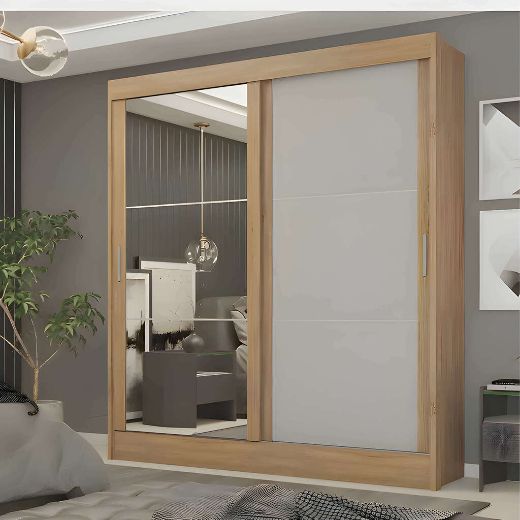 Guarda-Roupa Casal com Espelho 2 Portas de Correr Rodial Andros Nature/Off White  Guarda-Roupa Casal com Espelho 2 Portas de Correr Rodial Andros Nature/Off White