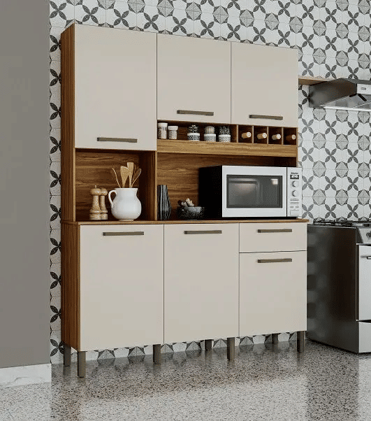 Armário de Cozinha em MDF Kit 6 Portas 1 Gaveta Ronipa Pinot Amendoa/Off White Armário de Cozinha em MDF Kit 6 Portas 1 Gaveta Ronipa Pinot Amendoa/Off White