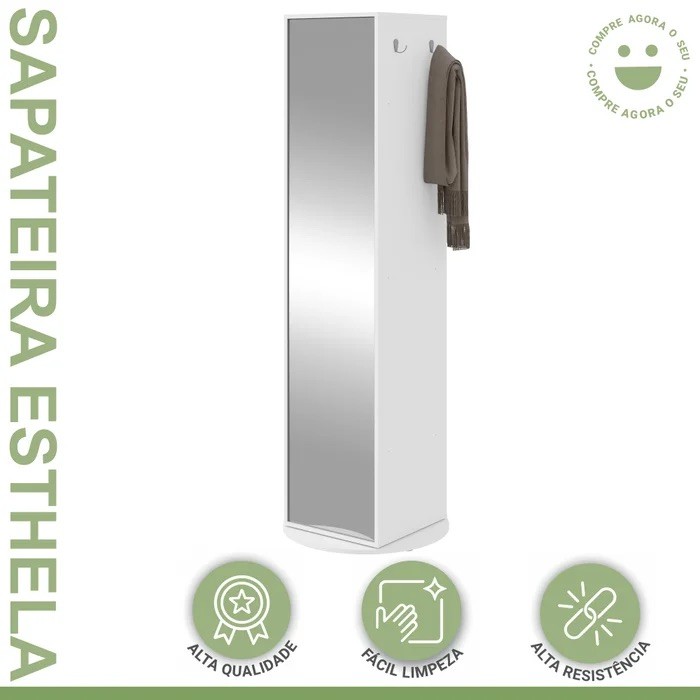 Multiuso Sapateira Esthela com Espelho e Base Giratória – Lopas – Cor Branco Multiuso Sapateira Esthela com Espelho e Base Giratória – Lopas – Cor Branco