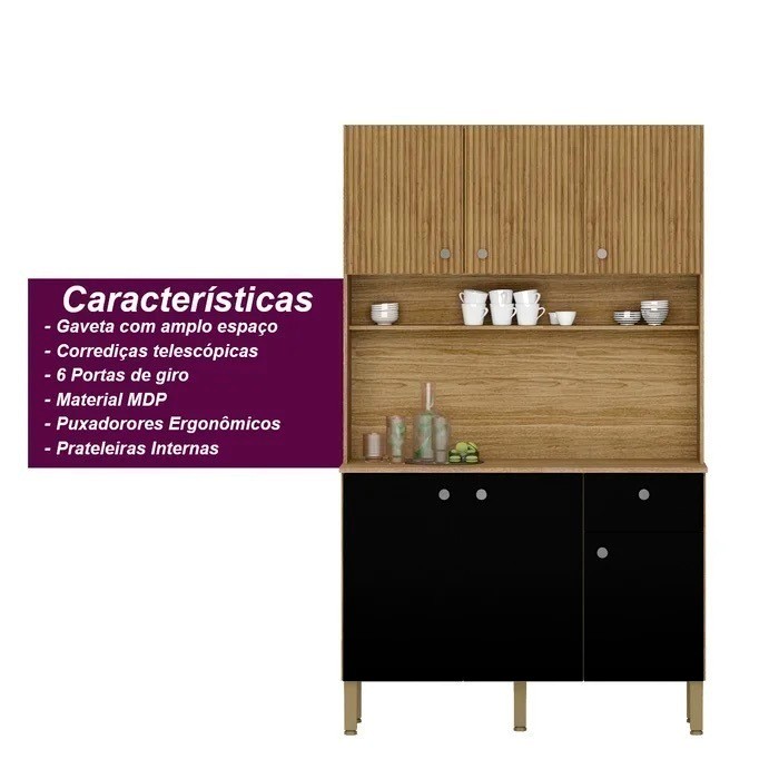Armário de Cozinha Kit 6 Portas Style Frisado Freijó/Nero - Kits Paraná Armário de Cozinha Kit 6 Portas Style Frisado Freijó/Nero - Kits Paraná