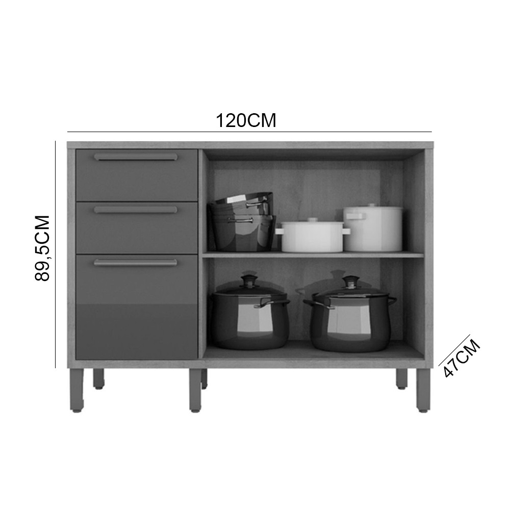 Balcão de Cozinha com Tampo em MDF  2 Portas 3 Gavetas Ronipa Syrah 120cm Castanho/Chumbo Balcão de Cozinha com Tampo em MDF  2 Portas 3 Gavetas Ronipa Syrah 120cm Castanho/Chumbo