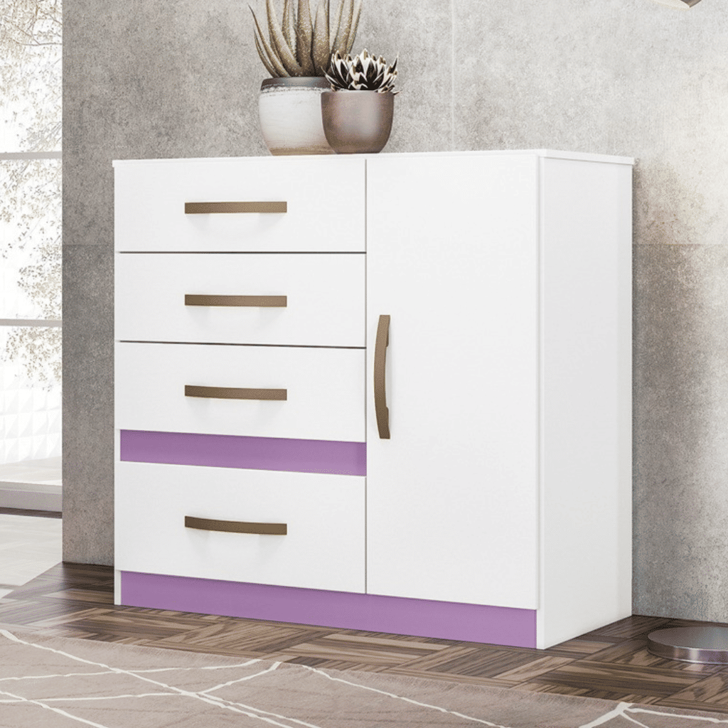 Cômoda para Quarto Com 4 Gavetas 1 Porta Moval Vênus Flex Branco/Rosa/Lilás Cômoda para Quarto Com 4 Gavetas 1 Porta Moval Vênus Flex Branco/Rosa/Lilás