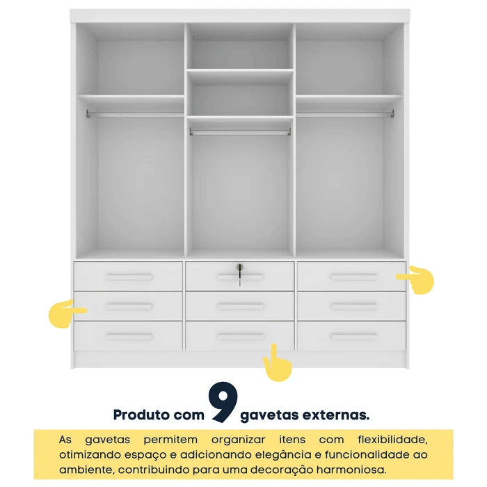 Guarda-Roupa Casal 3 Portas 9 Gavetas Tcil Móveis Chicago Branco Guarda-Roupa Casal 3 Portas 9 Gavetas Tcil Móveis Chicago Branco