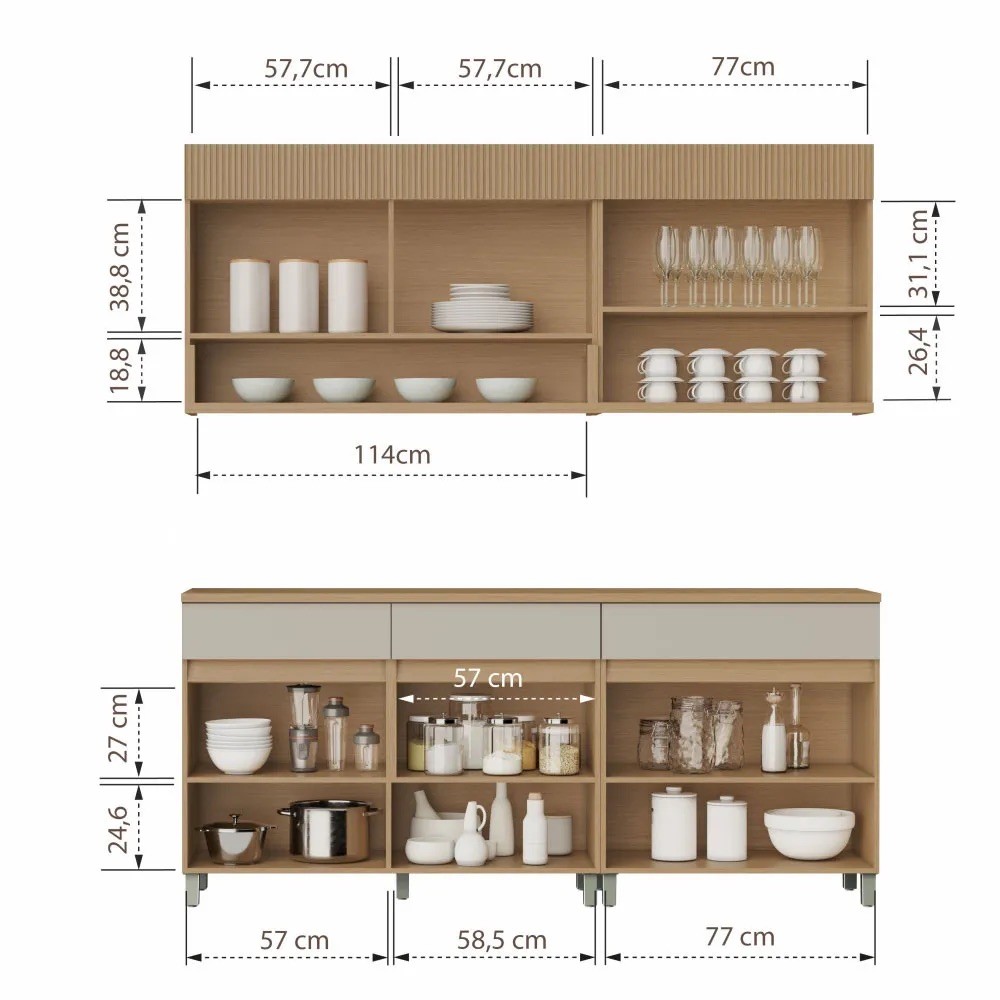 Cozinha Realeza Premium 200cm 4 Peças 6 Portas 1 Porta Vidro 3 Gavetas 100% MDF Nesher Cozinha Realeza Premium 200cm 4 Peças 6 Portas 1 Porta Vidro 3 Gavetas 100% MDF Nesher
