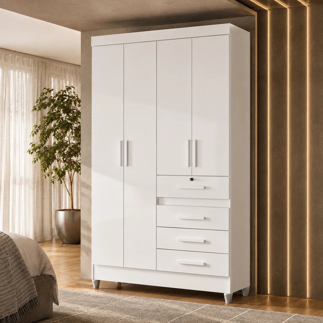 Guarda-roupa Solteiro Sobral 4 Portas 4 Gavetas com Chave Moval - Branco