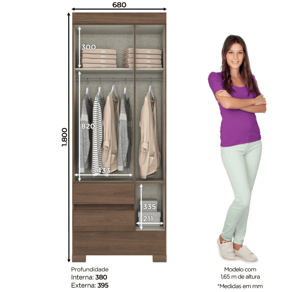 Guarda-roupa com 3 Portas 2 Gavetas Briz BS05 Castanho - Henn Guarda-roupa com 3 Portas 2 Gavetas Briz BS05 Castanho - Henn