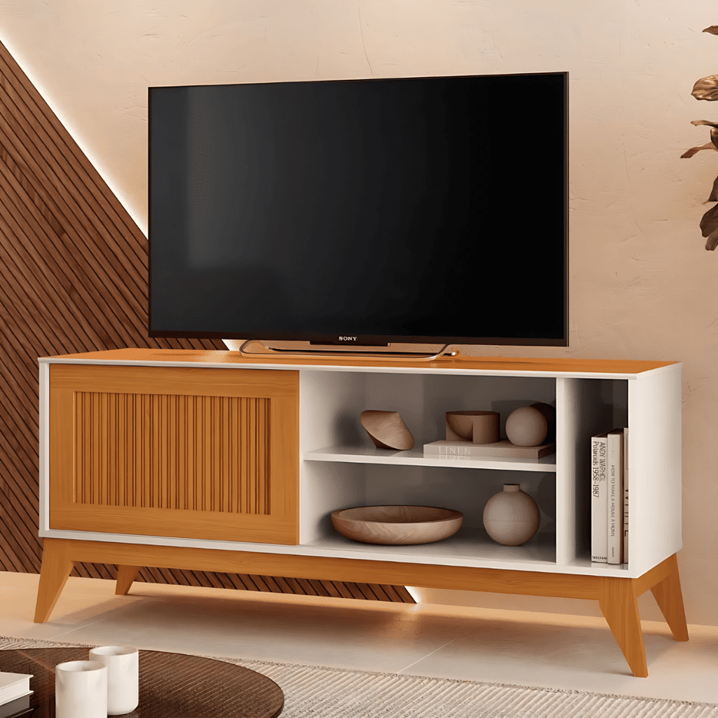 Rack para TV até 55 polegadas 1 Porta de Correr EDN Aruba - Off White/Cedro  Rack para TV até 55 polegadas 1 Porta de Correr EDN Aruba - Off White/Cedro