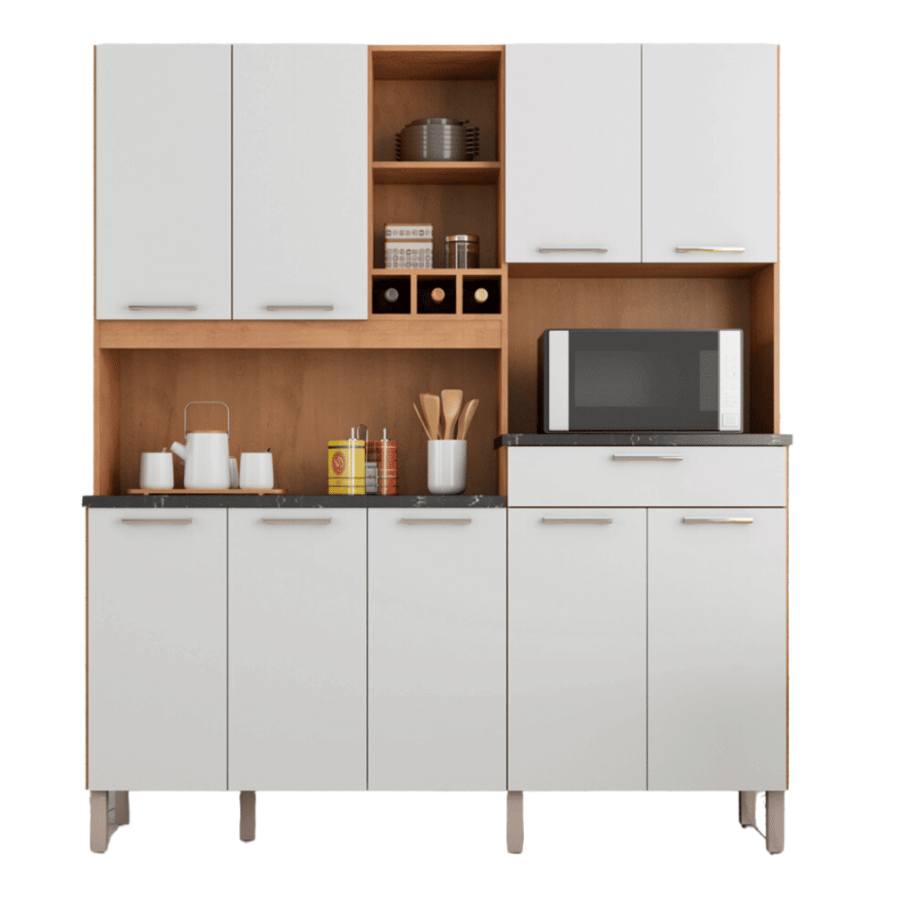 Armário de Cozinha Kit em MDF 9 Portas 1 Gaveta Ronipa Merlot Prime Amendoa/Branco  Armário de Cozinha Kit em MDF 9 Portas 1 Gaveta Ronipa Merlot Prime Amendoa/Branco