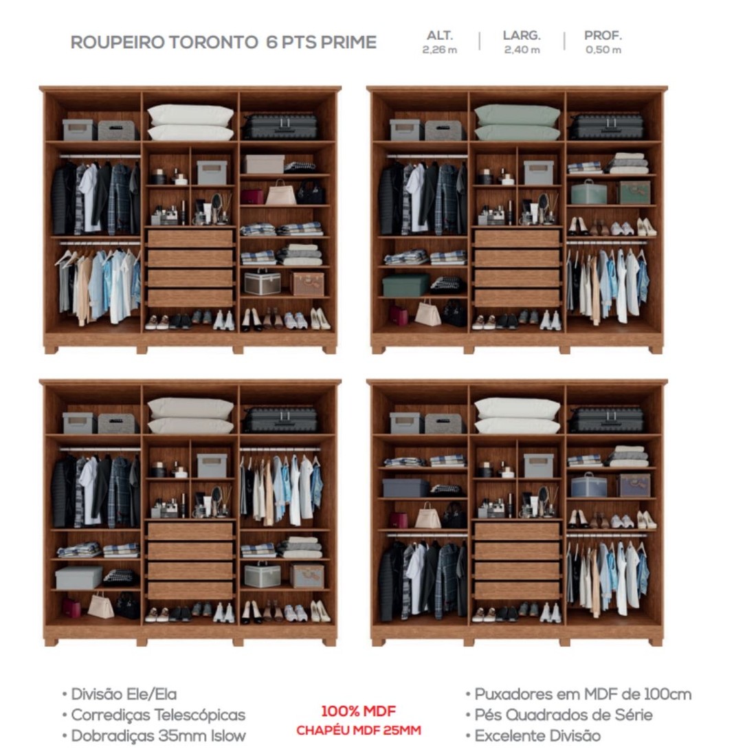 Guarda-roupa 100% MDF Toronto Reflecta 6 Portas 4 Gavetas 240cm IMOP - Cinamomo/Arena