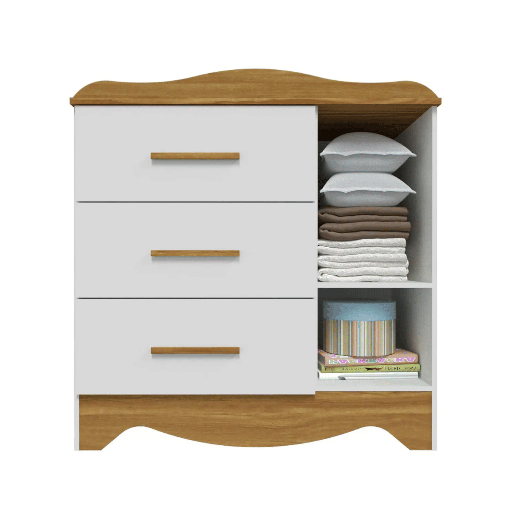 Cômoda para Quarto Infantil 100% MDF 3 Gavetas 1 Porta Peroba Lisi Branco/Amendoa Cômoda para Quarto Infantil 100% MDF 3 Gavetas 1 Porta Peroba Lisi Branco/Amendoa