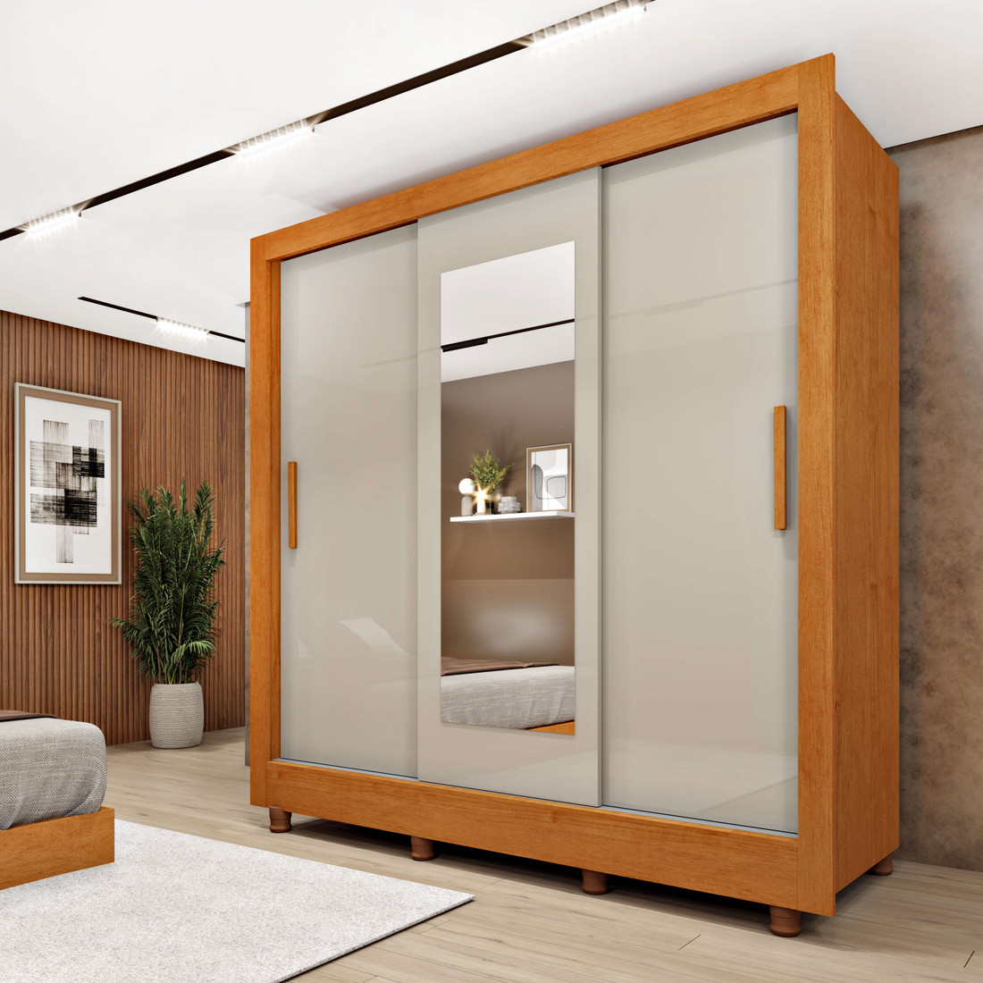 Guarda-Roupa 3P. Correr 4G TCIL Vitoria c/Espelho c/Pés Cinamomo/Off White