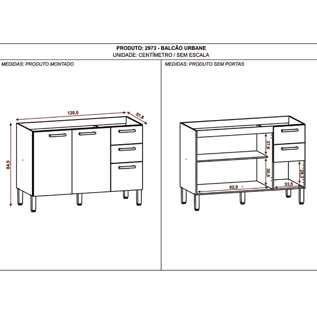Balcão de Cozinha com Tampo 3 Portas 2 Gav 120cm Paraná Urbane Freijó Balcão de Cozinha com Tampo 3 Portas 2 Gav 120cm Paraná Urbane Freijó