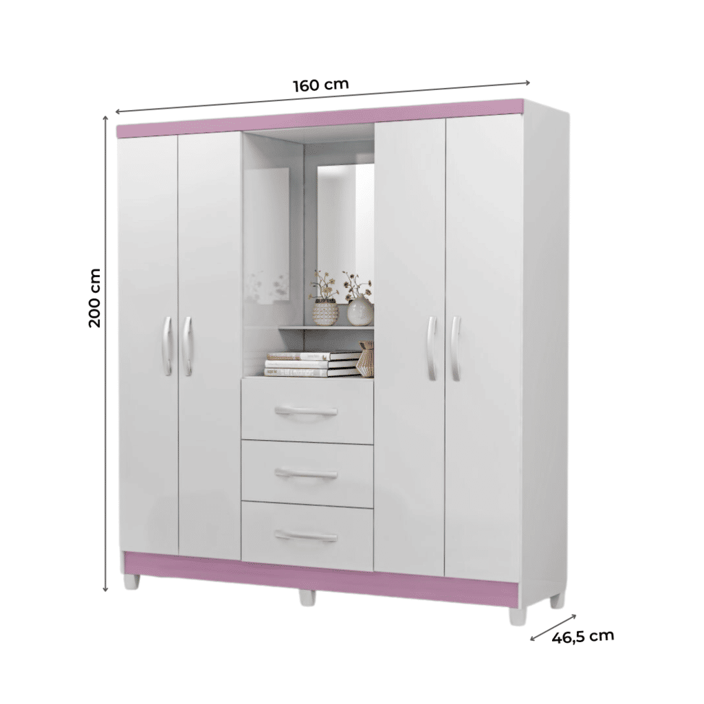 Guarda-Roupa Solteiro 4 Portas Capelinha com Espelho Ilhéus MX Móveis Branco com Pink Guarda-Roupa Solteiro 4 Portas Capelinha com Espelho Ilhéus MX Móveis Branco com Pink