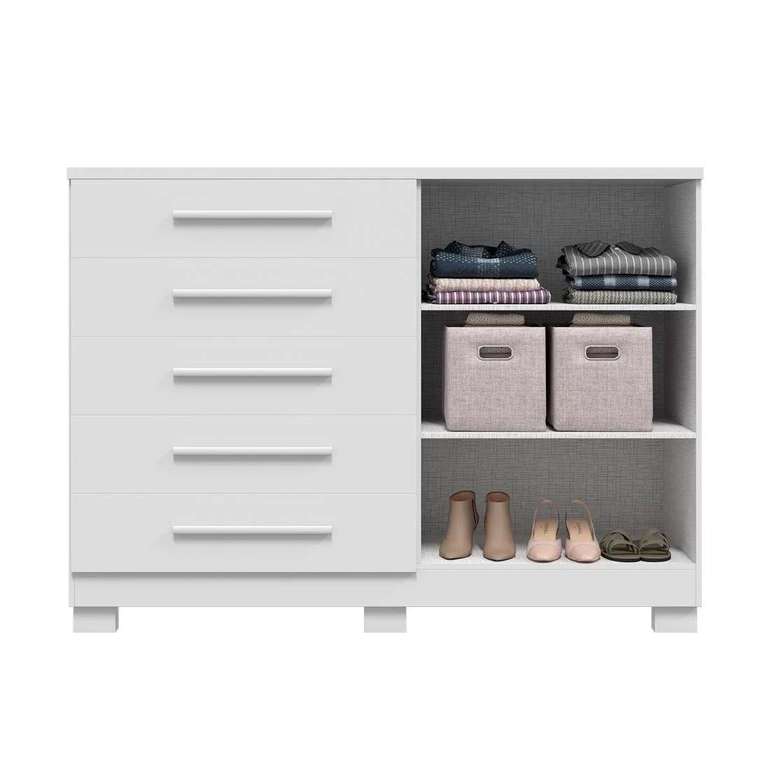 Cômoda Bella 5 Gavetas 2 Portas 136cm MDF com Rodízios ACP - Branco
