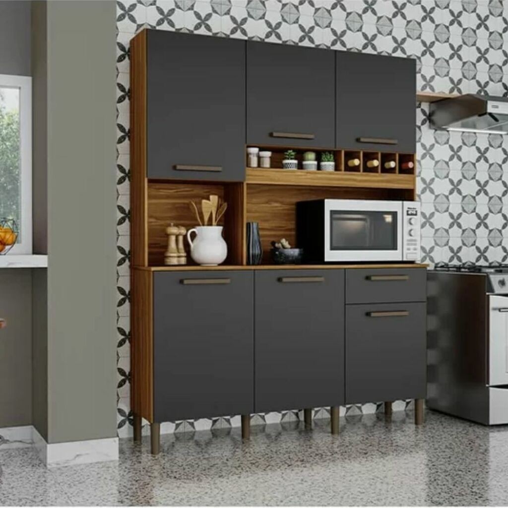 Armário de Cozinha em MDF Kit 6 Portas 1 Gaveta Ronipa Pinot Amendoa/Chumbo Armário de Cozinha em MDF Kit 6 Portas 1 Gaveta Ronipa Pinot Amendoa/Chumbo